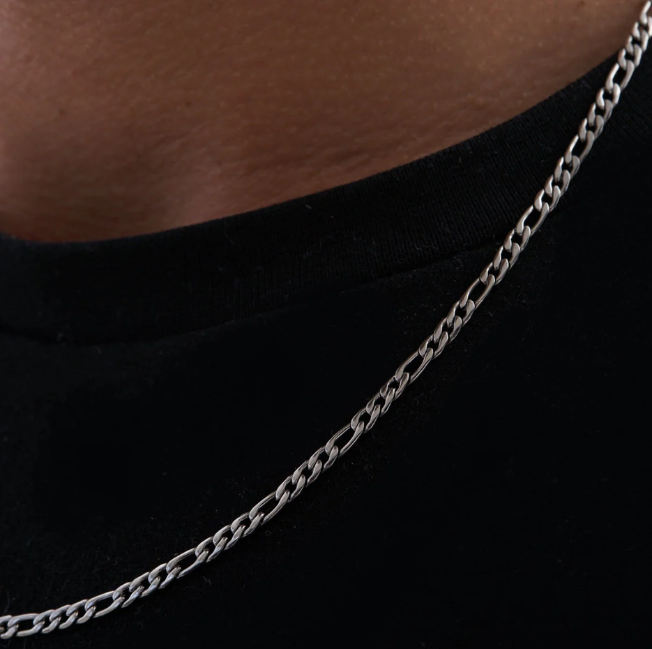 Collar de cadena Figaro de plata de ley con baño de oro blanco para hombre de 3 mm-3