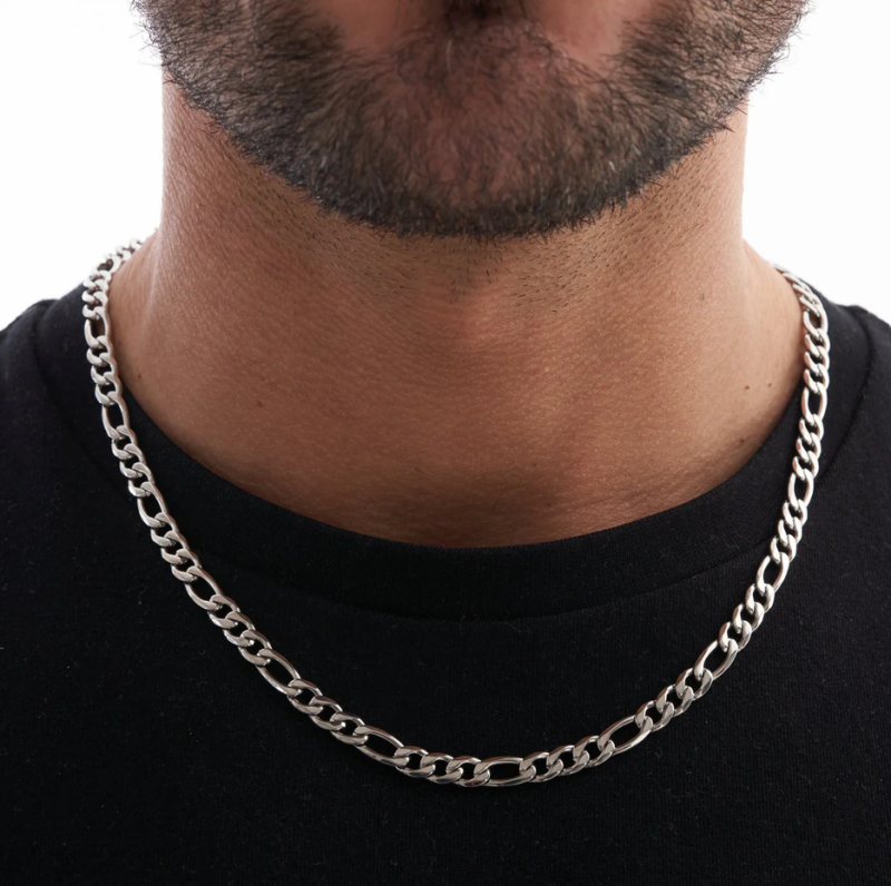 Sterling Silver with White Gold Plated Figaro Chain Necklace for Men 5mm-2