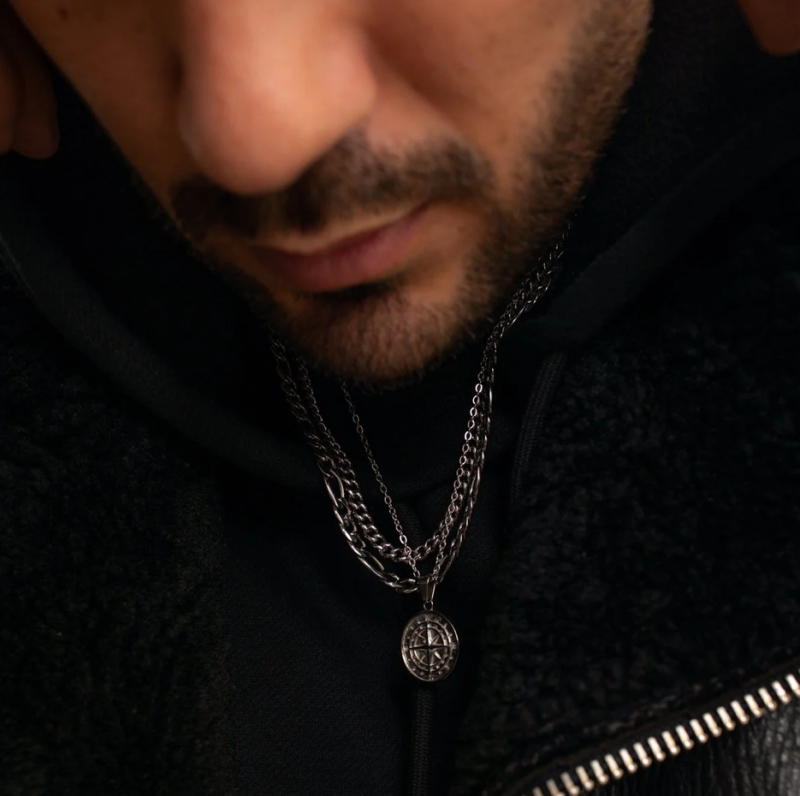 Sterling Silver with White Gold Plated Figaro Chain Necklace for Men 5mm-3