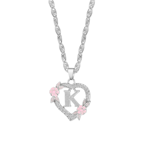 Sterling Silver with White Gold Plated Flower Initial Necklace