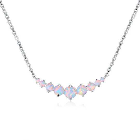 Sterling Silver with White Gold Plated Opal Graduated Pendant Necklace