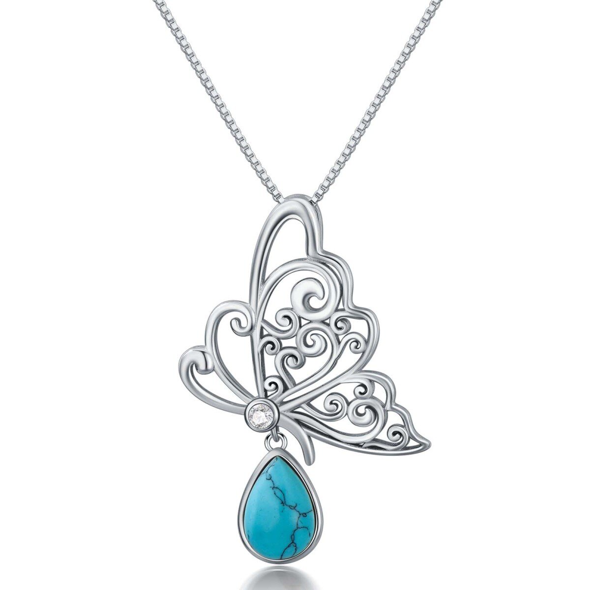 Sterling Silver with White Gold Plated Pear Shaped Turquoise Butterfly Pendant Necklace-1