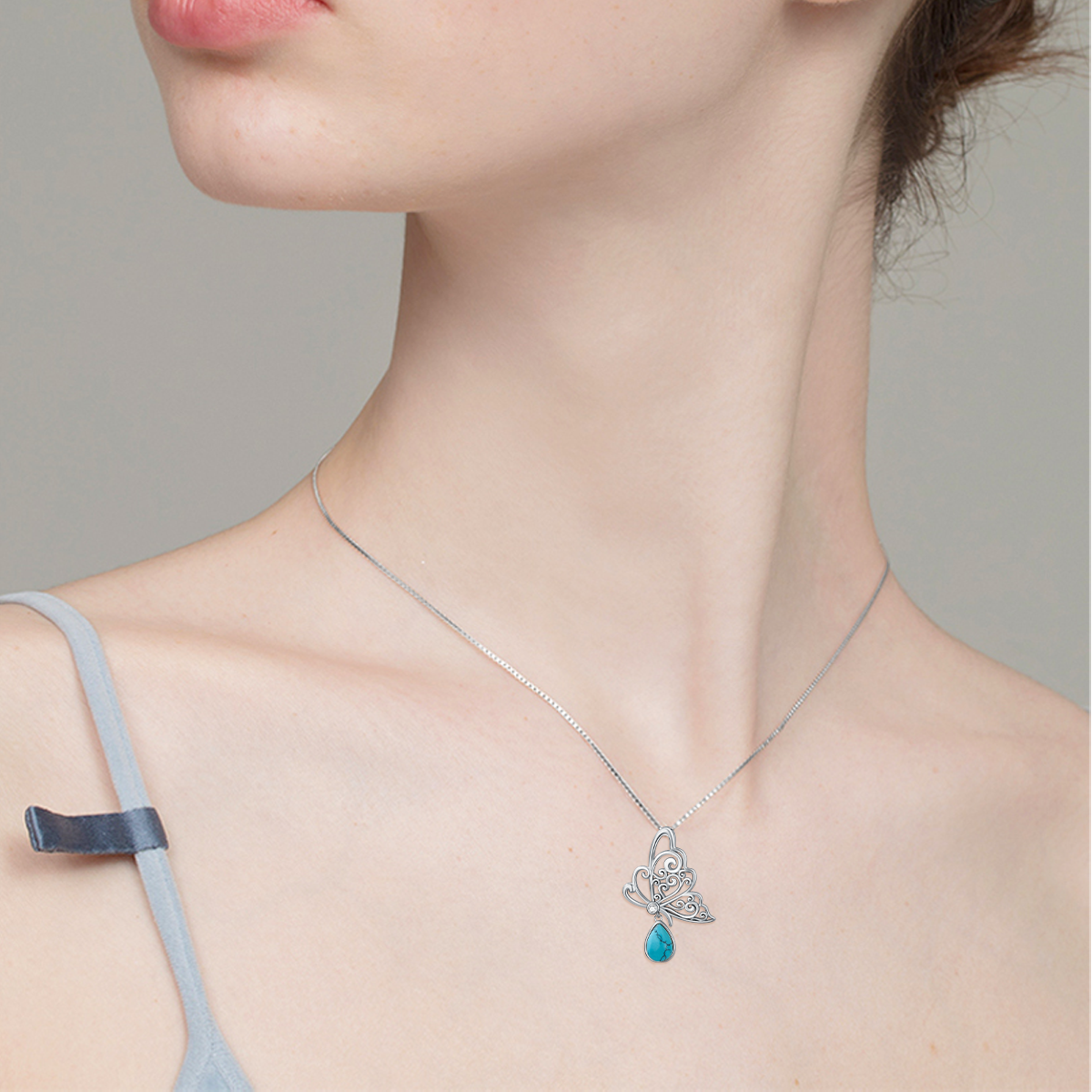 Sterling Silver with White Gold Plated Pear Shaped Turquoise Butterfly Pendant Necklace-2