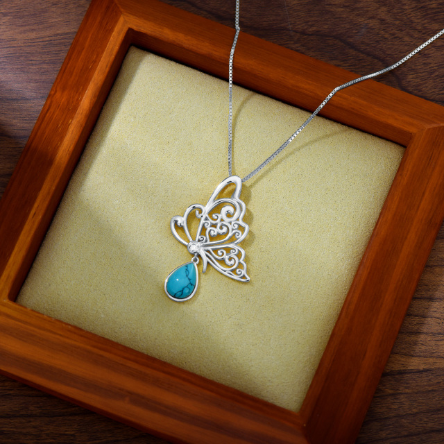 Sterling Silver with White Gold Plated Pear Shaped Turquoise Butterfly Pendant Necklace-3