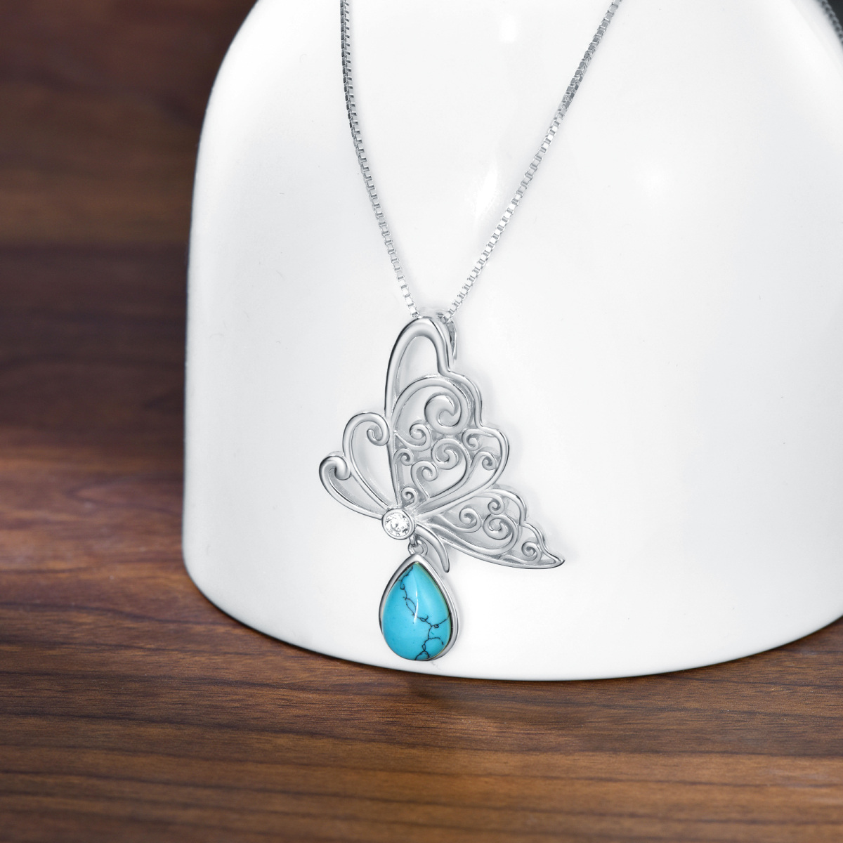 Sterling Silver with White Gold Plated Pear Shaped Turquoise Butterfly Pendant Necklace-4