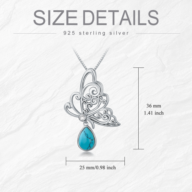 Sterling Silver with White Gold Plated Pear Shaped Turquoise Butterfly Pendant Necklace-5