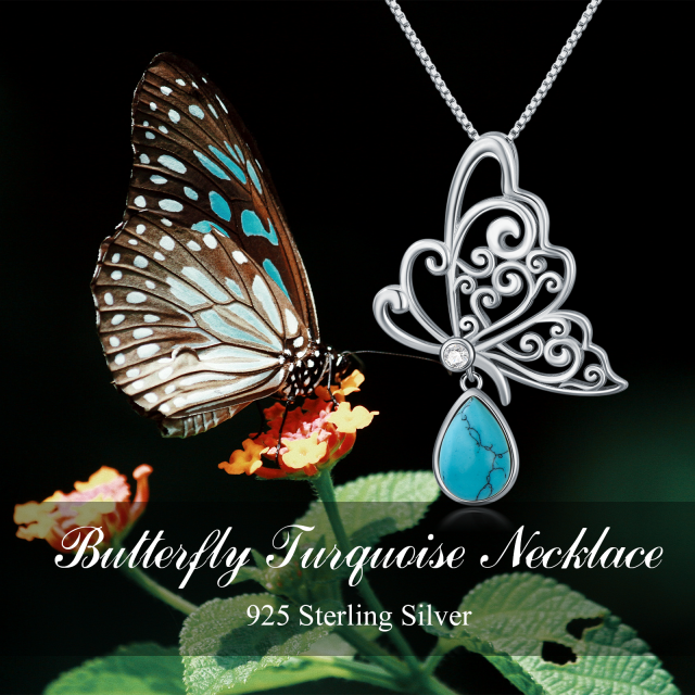 Sterling Silver with White Gold Plated Pear Shaped Turquoise Butterfly Pendant Necklace-6