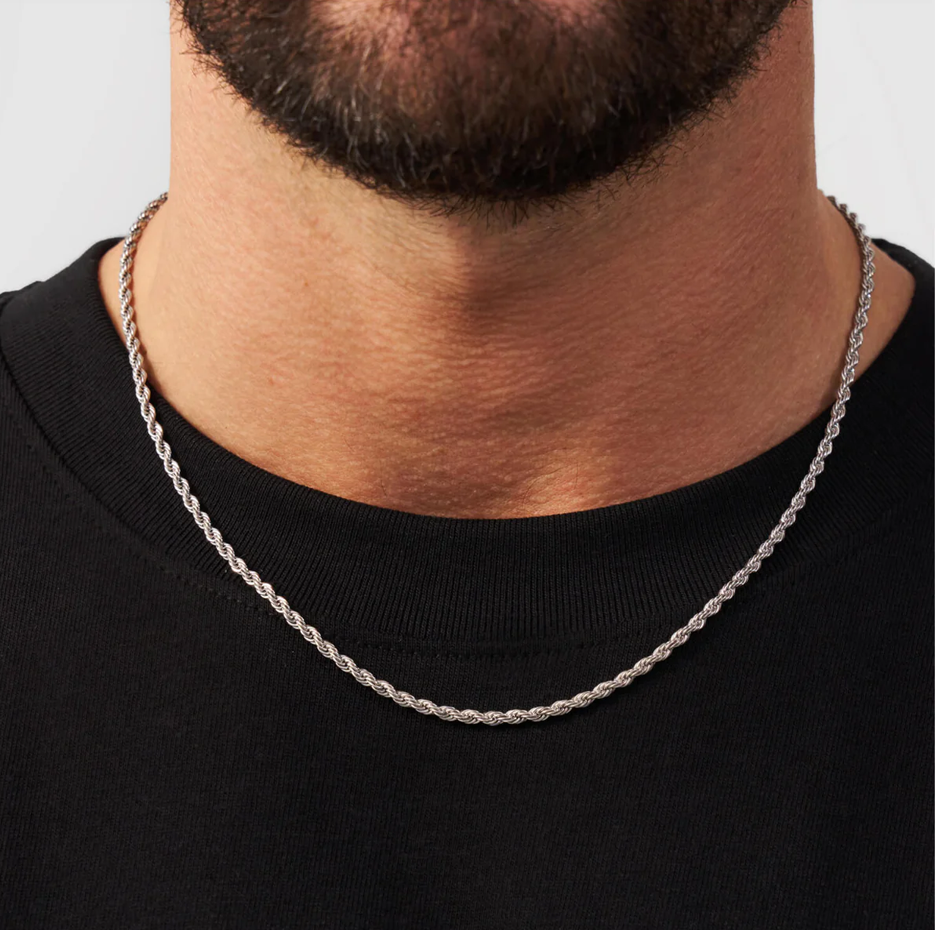 Collar de cadena de cuerda de plata de ley con baño de oro blanco para hombre de 3 mm-2