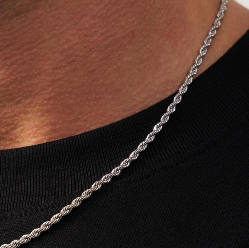 Sterling Silver with White Gold Plated Rope Chain Necklace for Men 3mm-3