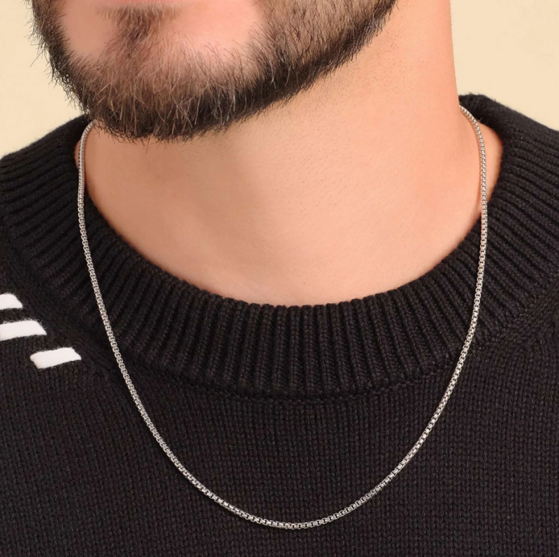 Sterling Silver with White Gold Plated Round Box Chain Necklace for Men 2mm-2
