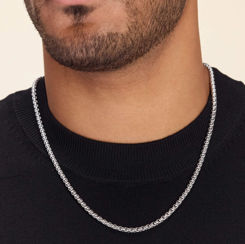 Sterling Silver with White Gold Plated Round Box Chain Necklace for Men 4mm-2