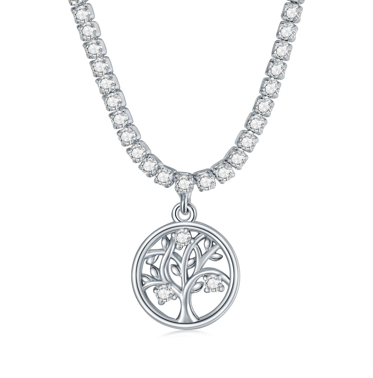 Sterling Silver White Gold Plated Cubic Zirconia Tree Of Life Pendant Necklace