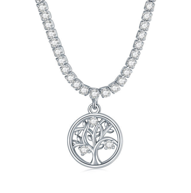 Sterling Silver White Gold Plated Cubic Zirconia Tree Of Life Pendant Necklace-1