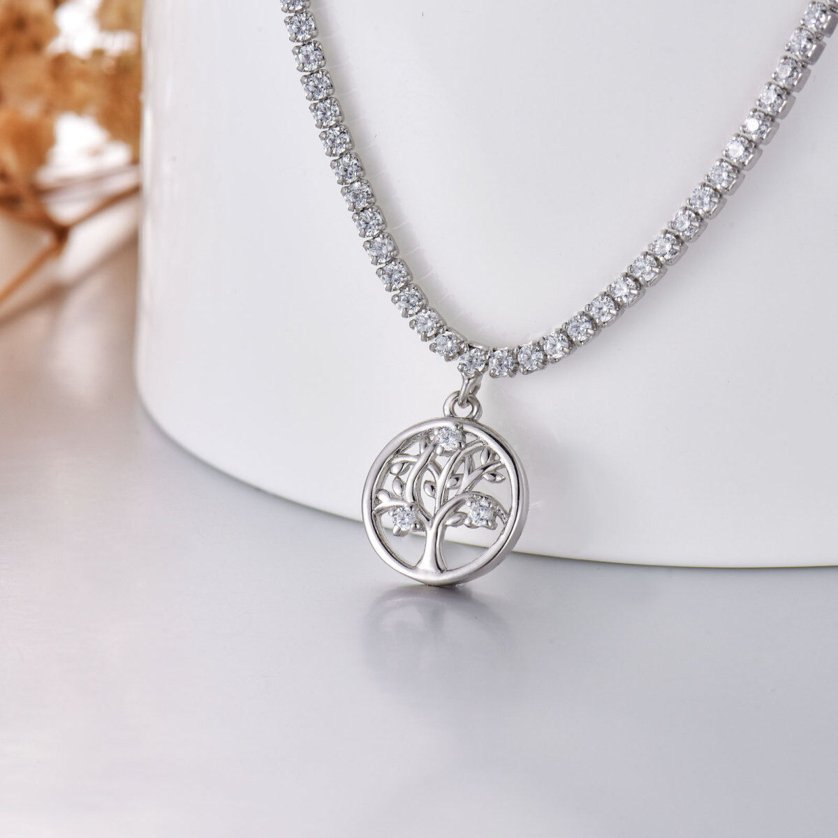 Sterling Silver White Gold Plated Cubic Zirconia Tree Of Life Pendant Necklace-4