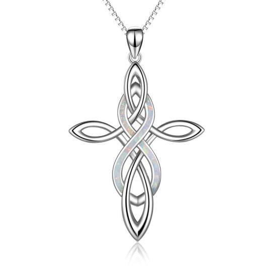 Sterling Silver White Opal Celtic Knot Cross & Infinity Pendant Necklace