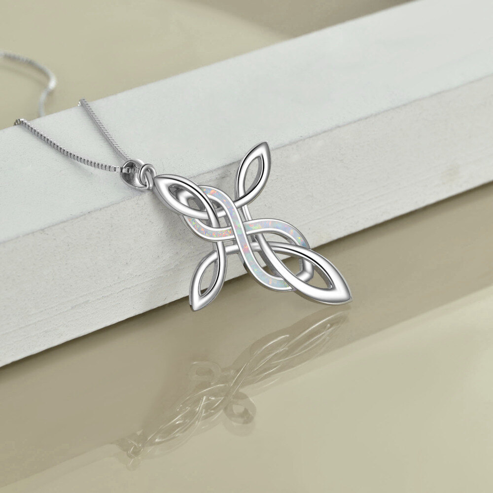 Sterling Silver White Opal Celtic Knot Cross & Infinity Pendant Necklace-3