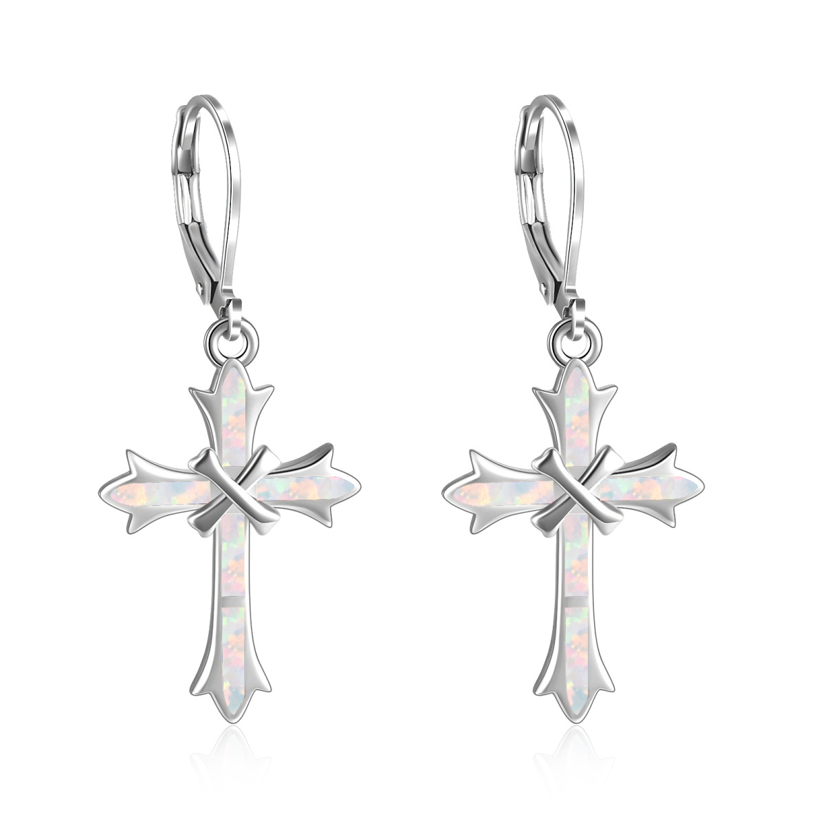 Sterling Silver White Opal Cross Lever-back Earrings for Women-1