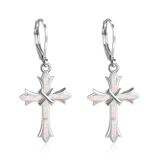 Sterling Silver White Opal Cross Lever-back Earrings for Women-8