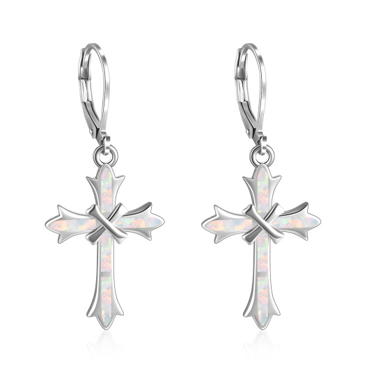 Sterling Silver White Opal Cross Lever-back Earrings for Women