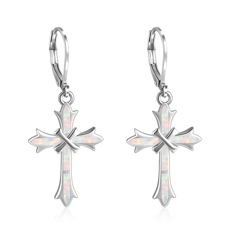 Sterling Silver White Opal Cross Lever-back Earrings for Women-18