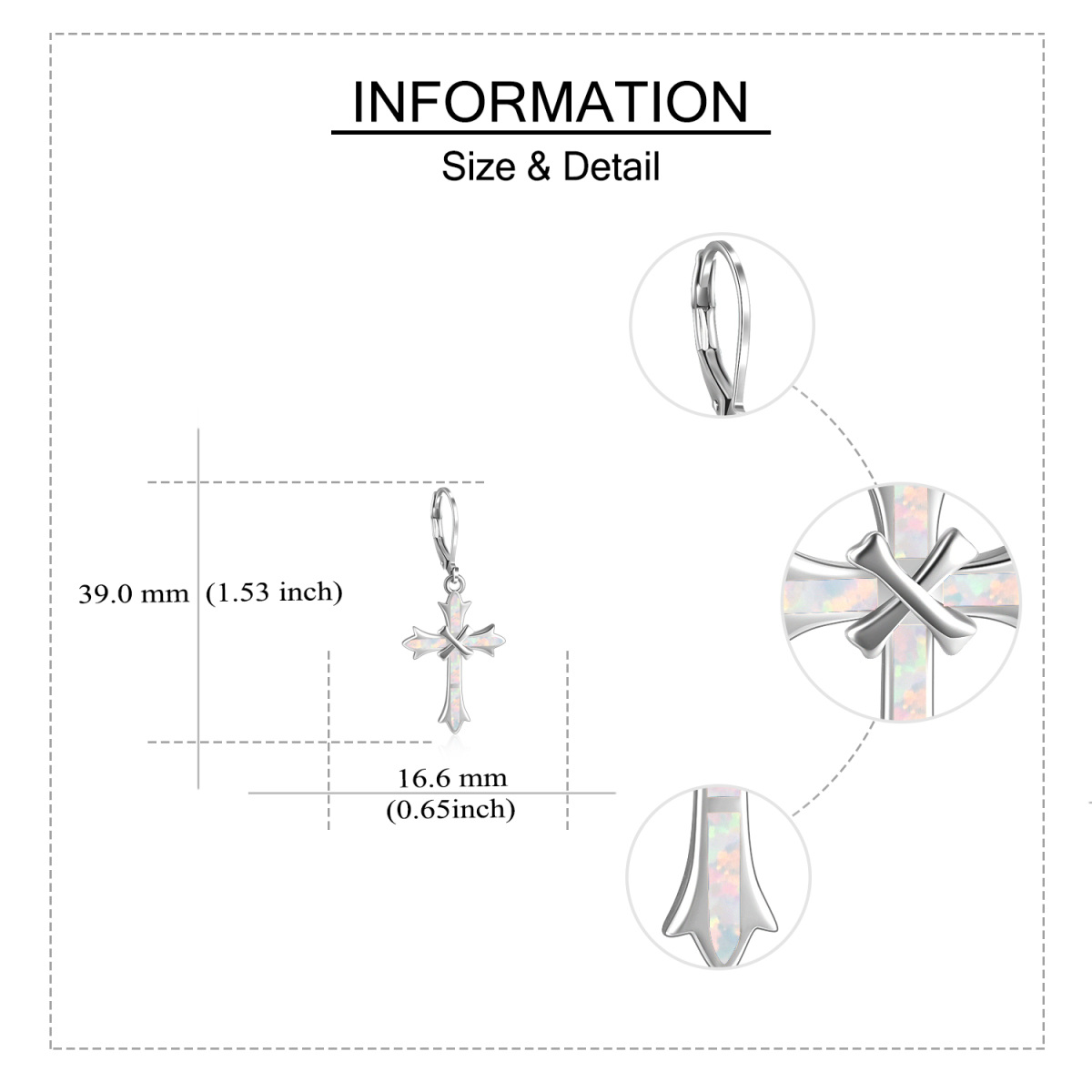 Srebrne kolczyki z białym opalem i krzyżykiem, z dźwignią, dla kobiet-5