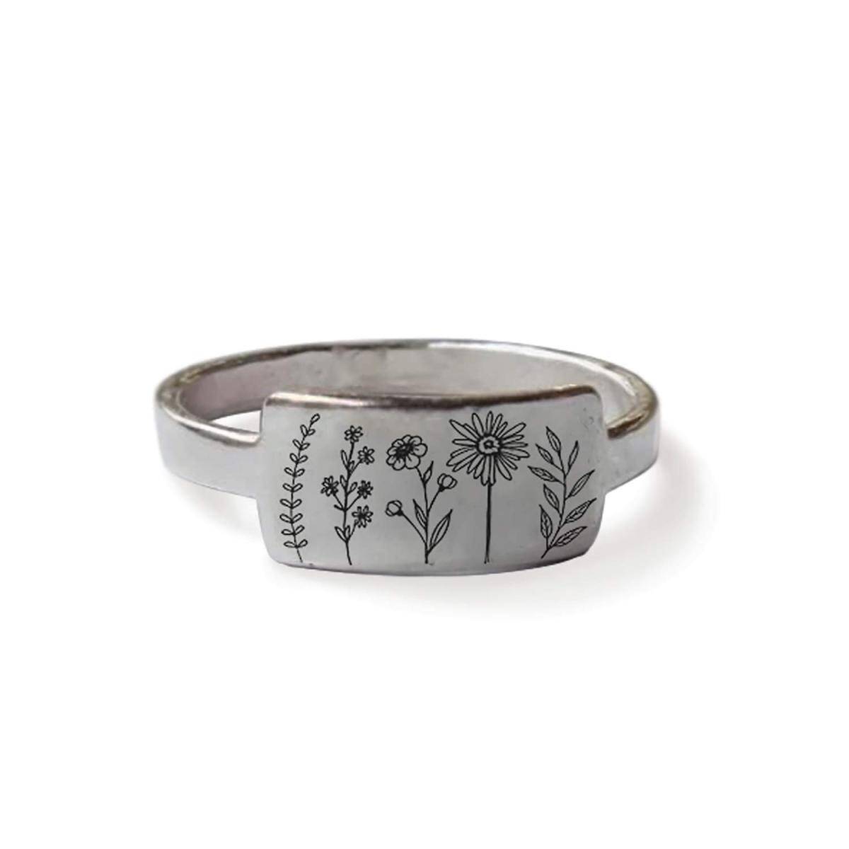 Chevalière en argent sterling avec fleurs sauvages-1