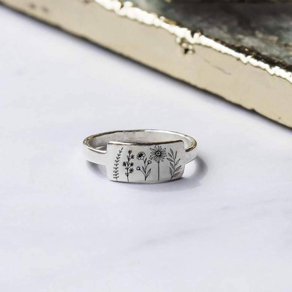 Chevalière en argent sterling avec fleurs sauvages-2