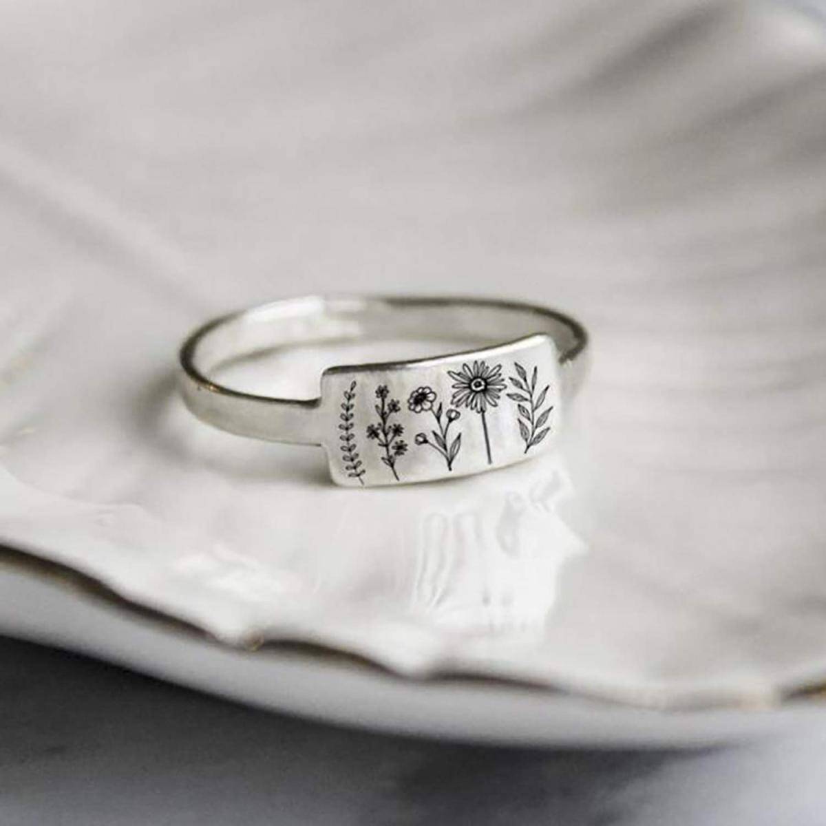 Chevalière en argent sterling avec fleurs sauvages-3