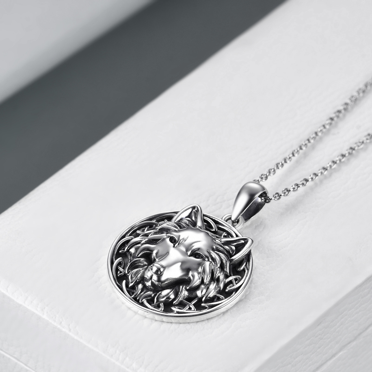 Sterling Silver Wolf Amulet Pendant Necklace-4