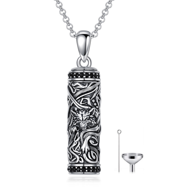 Collana con ciondolo a forma di lupo e barra in argento sterling con zirconia cubica-1