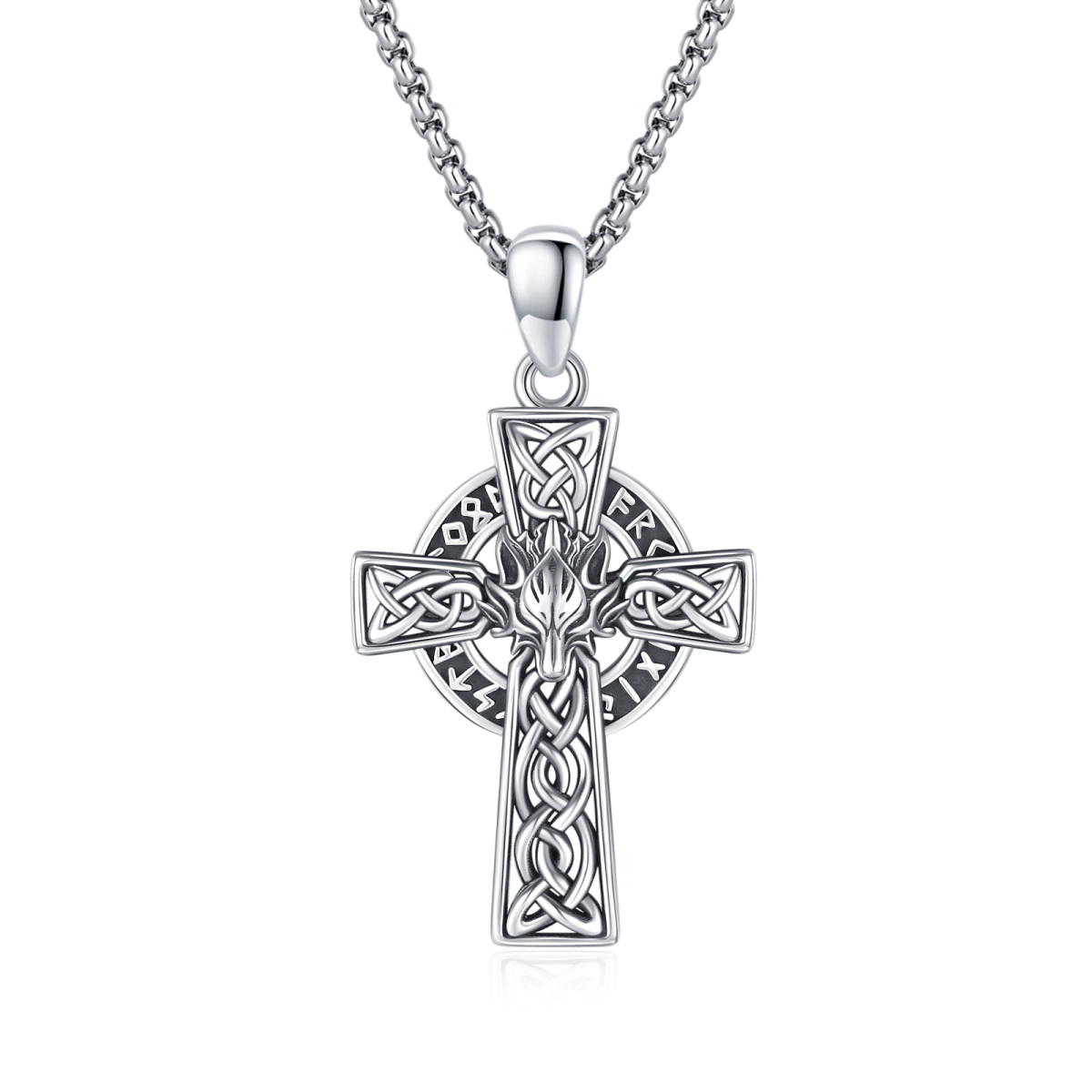 Sterling Silver Celtic Knot & Cross With Wolf Pendant Necklace For Men-1