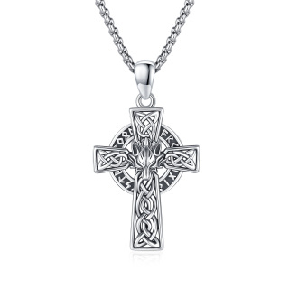 Sterling Silver Celtic Knot & Cross With Wolf Pendant Necklace For Men-6