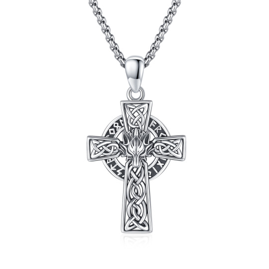 Sterling Silver Wolf & Celtic Knot & Cross Pendant Necklace