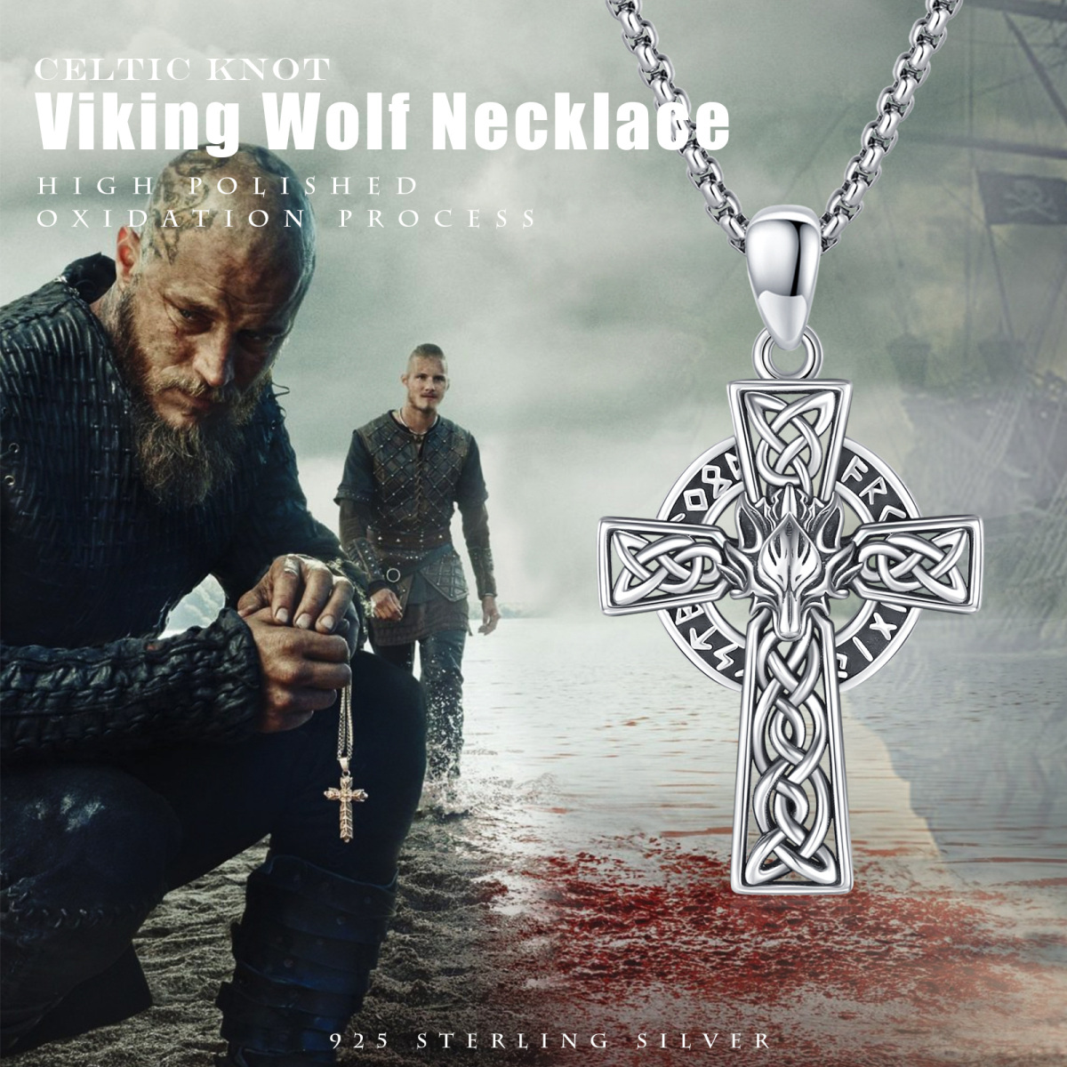 Sterling Silver Celtic Knot & Cross With Wolf Pendant Necklace For Men-5