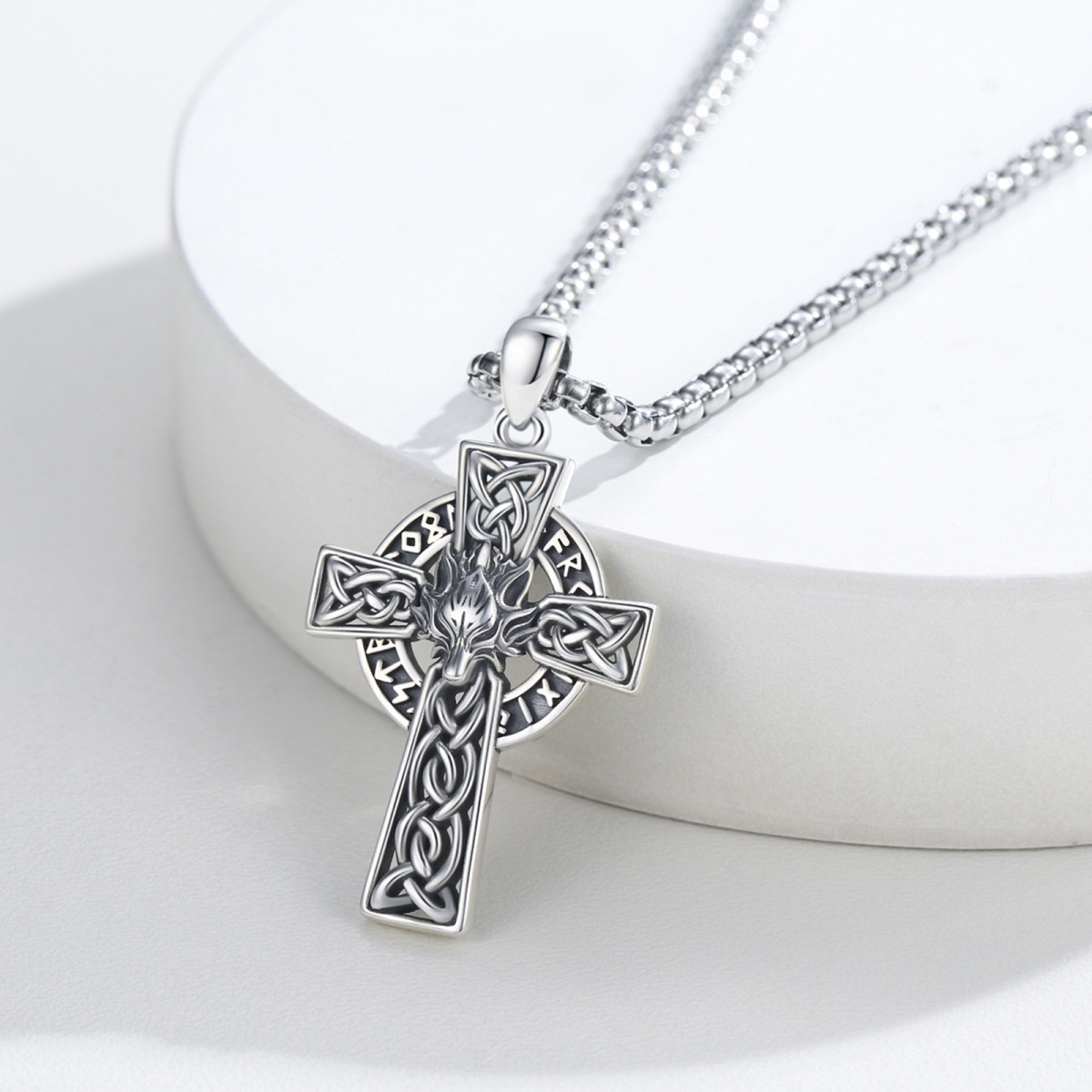 Sterling Silver Celtic Knot & Cross With Wolf Pendant Necklace For Men-6