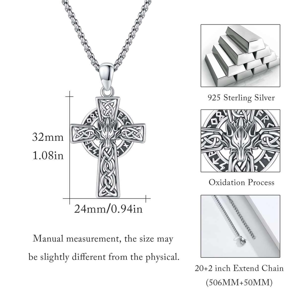 Sterling Silver Celtic Knot & Cross With Wolf Pendant Necklace For Men-7