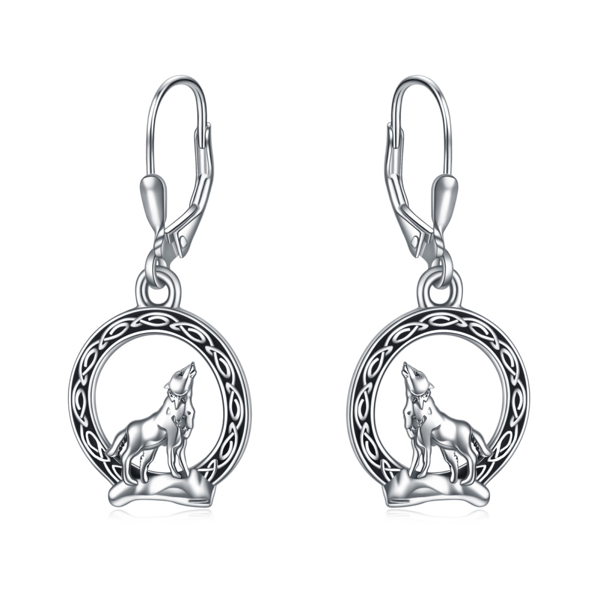 Sterling Silver Wolf & Celtic Knot Lever-back Earrings