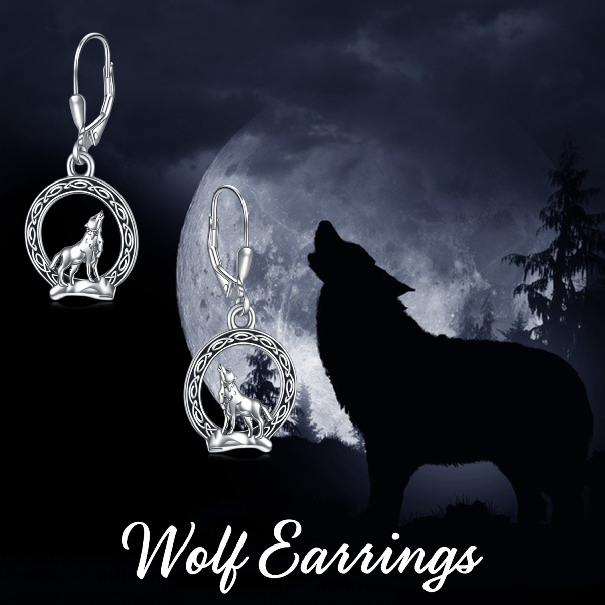 Boucles d'oreilles à levier en argent sterling avec loup et nœud celtique-6