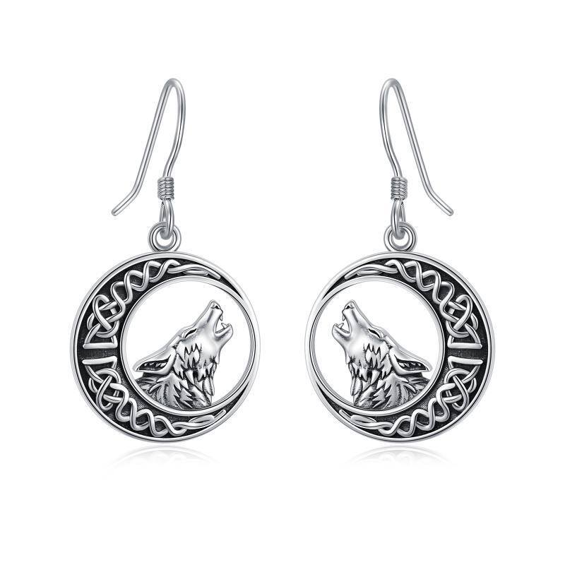 Sterling Silver Wolf & Celtic Knot Moon Hoop Earrings For Women-1