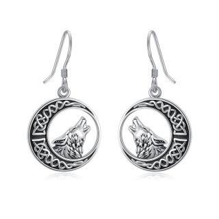 Sterling Silver Wolf & Celtic Knot Moon Hoop Earrings For Women-44