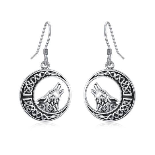 Sterling Silver Wolf & Celtic Knot & Moon Hoop Earrings