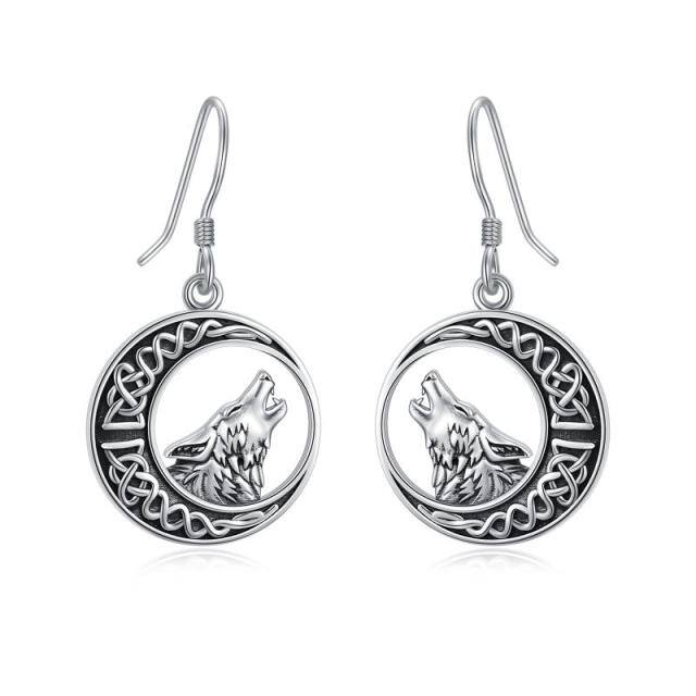 Sterling Silver Wolf & Celtic Knot & Moon Hoop Earrings-3