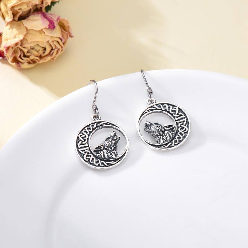 Sterling Silver Wolf & Celtic Knot Moon Hoop Earrings For Women-3