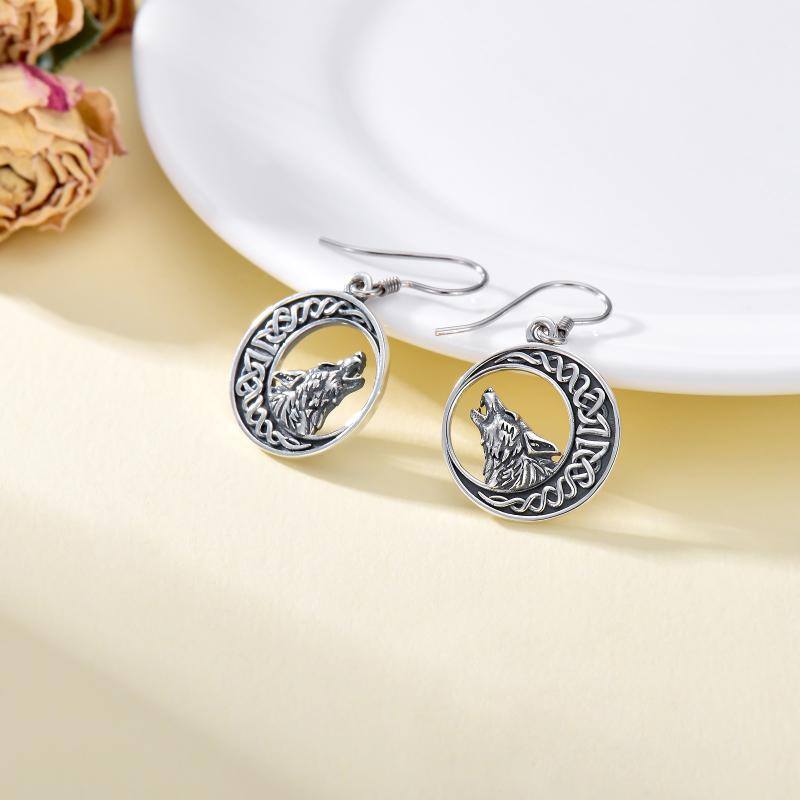 Sterling Silver Wolf & Celtic Knot Moon Hoop Earrings For Women-4