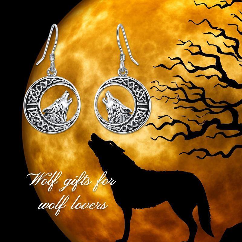 Sterling Silver Wolf & Celtic Knot Moon Hoop Earrings For Women-5