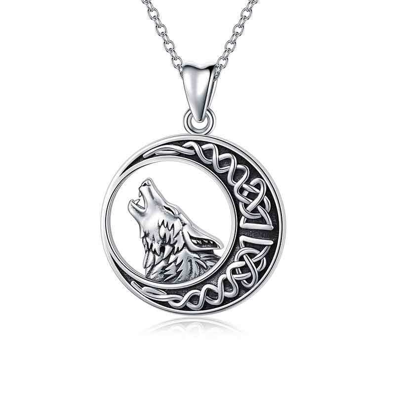 Halskette mit Anhänger aus Sterlingsilber mit Wolf und Mond und keltischem Knoten für Herren-1