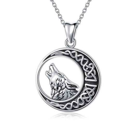 Sterling Silver Wolf & Celtic Knot & Moon Pendant Necklace