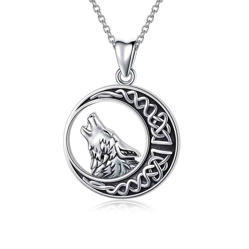 Sterling Silver Wolf & Celtic Knot & Moon Pendant Necklace-5