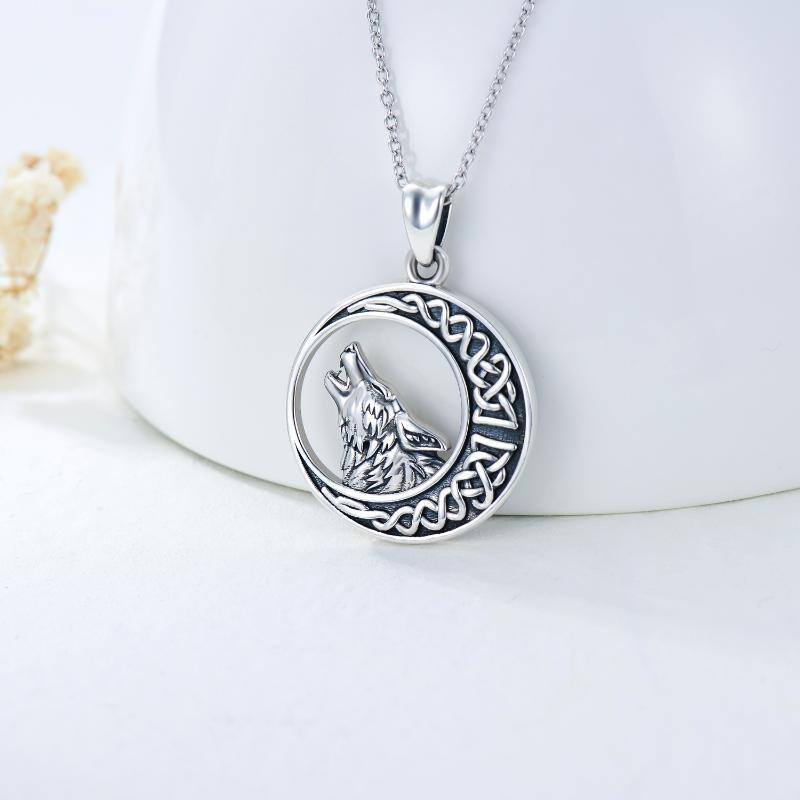 Sterling Silver Wolf & Moon With Celtic Knot Pendant Necklace For Men-2
