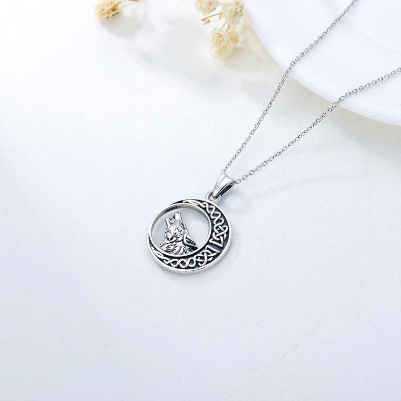 Sterling Silver Wolf & Moon With Celtic Knot Pendant Necklace For Men-3